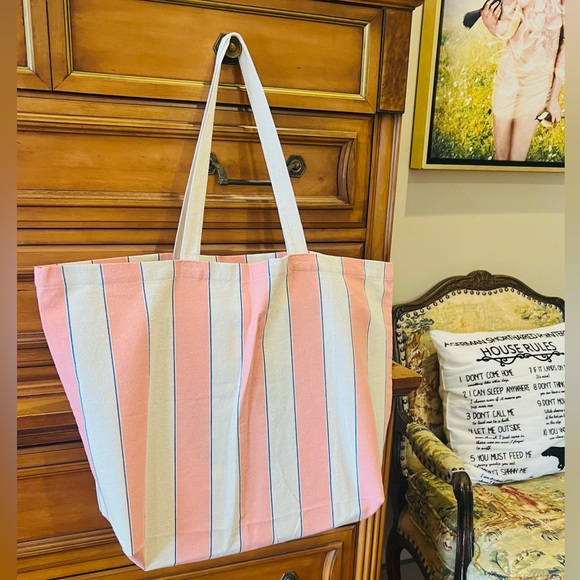 Sezane Pink Stripe Canvas Tote Bag LARGE New - Picture 2 of 4